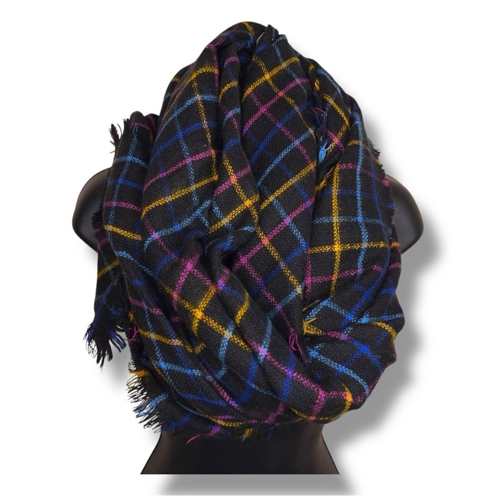 A New Day Colorful Blanket Scarf Wrap Knit Plaid Blue Yellow Black Pink Gift